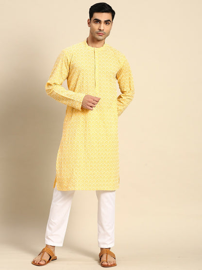 Buy Men’s Embroidered Chikankari Kurta Set - Yellow Kurta with Pyjamas | Indiaista