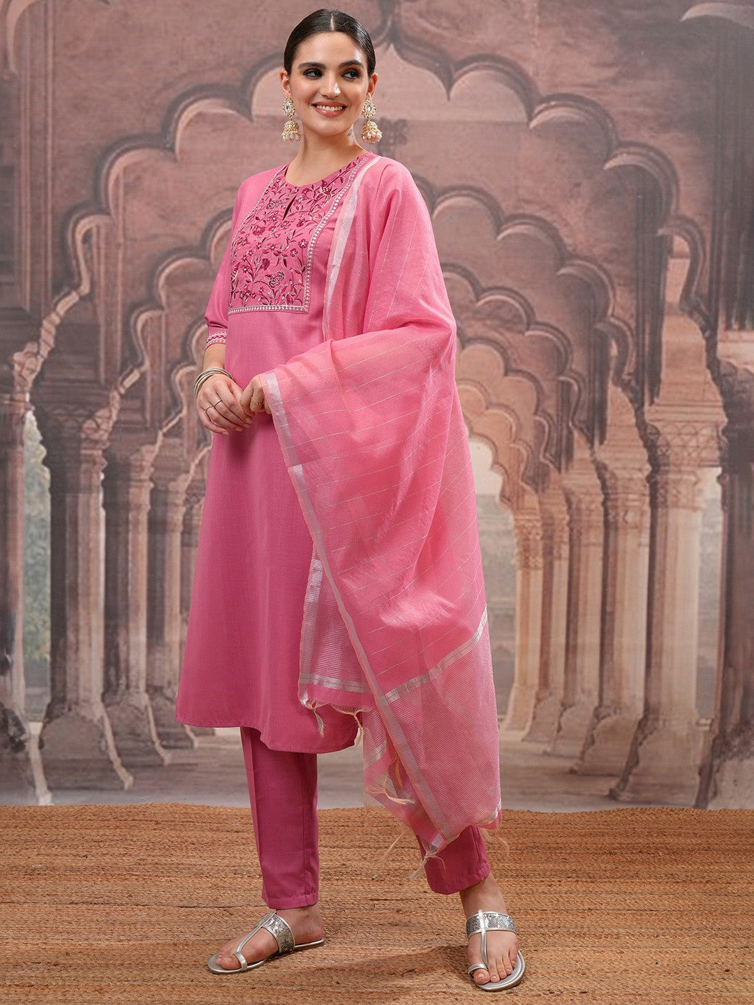 Rose Embroidered Kurta Set with Trouser & Dupatta - Elegant Women’s Outfit | Indiaista