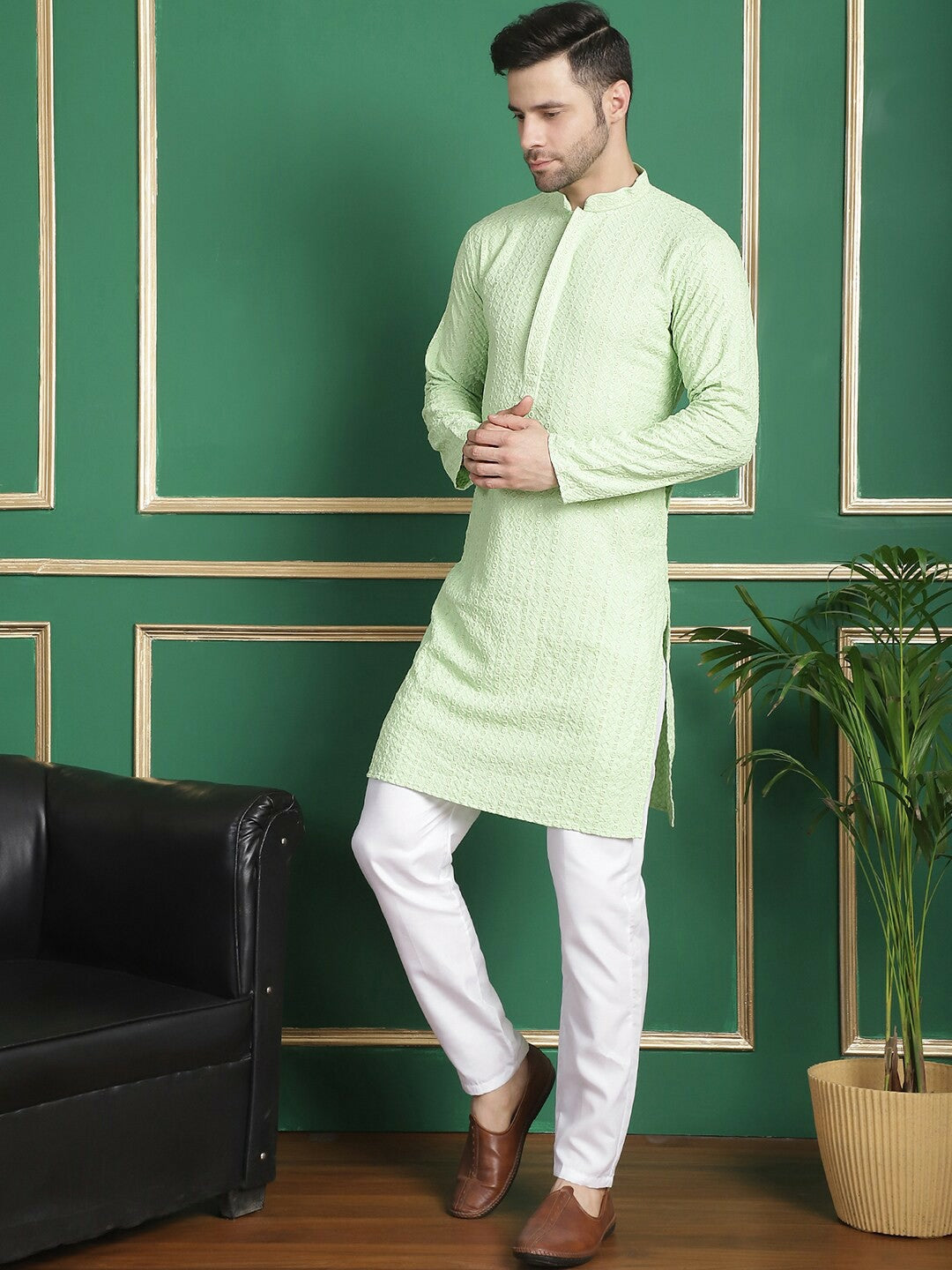 Green Embroidered Regular Thread Work Kurta with Pyjamas for Men | Indiaista