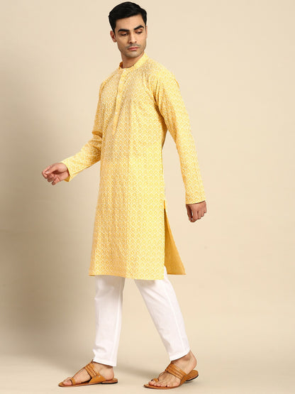 Buy Men’s Embroidered Chikankari Kurta Set - Yellow Kurta with Pyjamas | Indiaista