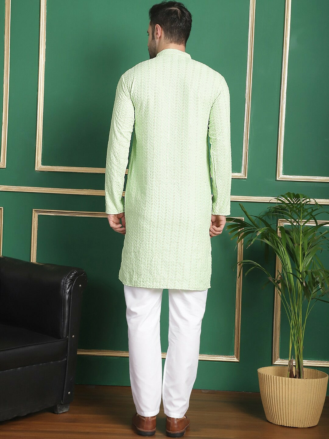 Green Embroidered Regular Thread Work Kurta with Pyjamas for Men | Indiaista