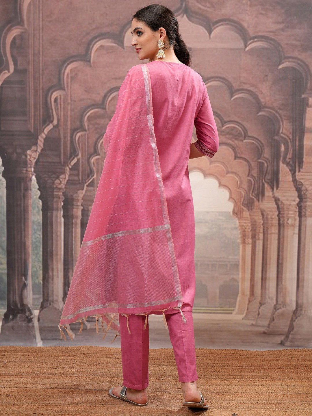 Rose Embroidered Kurta Set with Trouser & Dupatta - Elegant Women’s Outfit | Indiaista