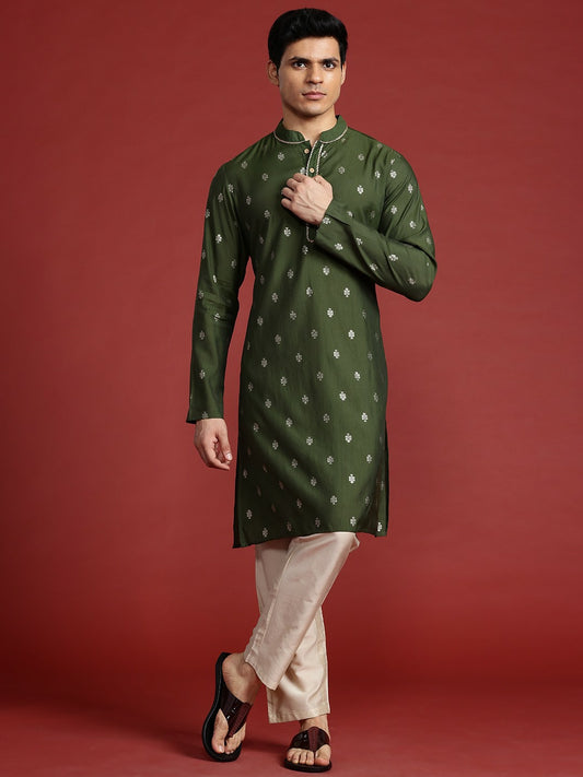 Buy Green Ethnic Motifs Printed Kurta Set for Men – Thread Work Design | Indiaista