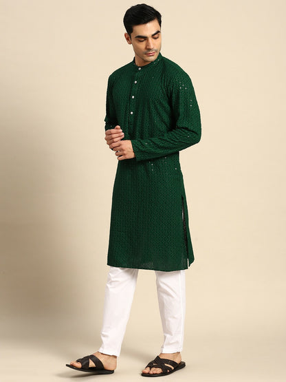 Men Floral Embroidered Sequinned Pure Cotton Kurta Set with Pyjamas – Green, Mandarin Collar