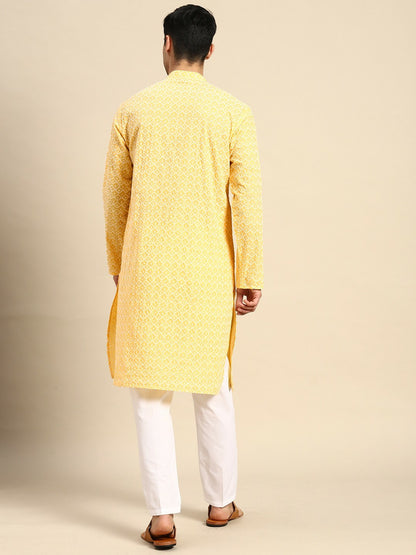 Buy Men’s Embroidered Chikankari Kurta Set - Yellow Kurta with Pyjamas | Indiaista