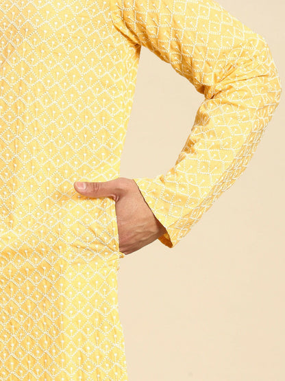 Buy Men’s Embroidered Chikankari Kurta Set - Yellow Kurta with Pyjamas | Indiaista