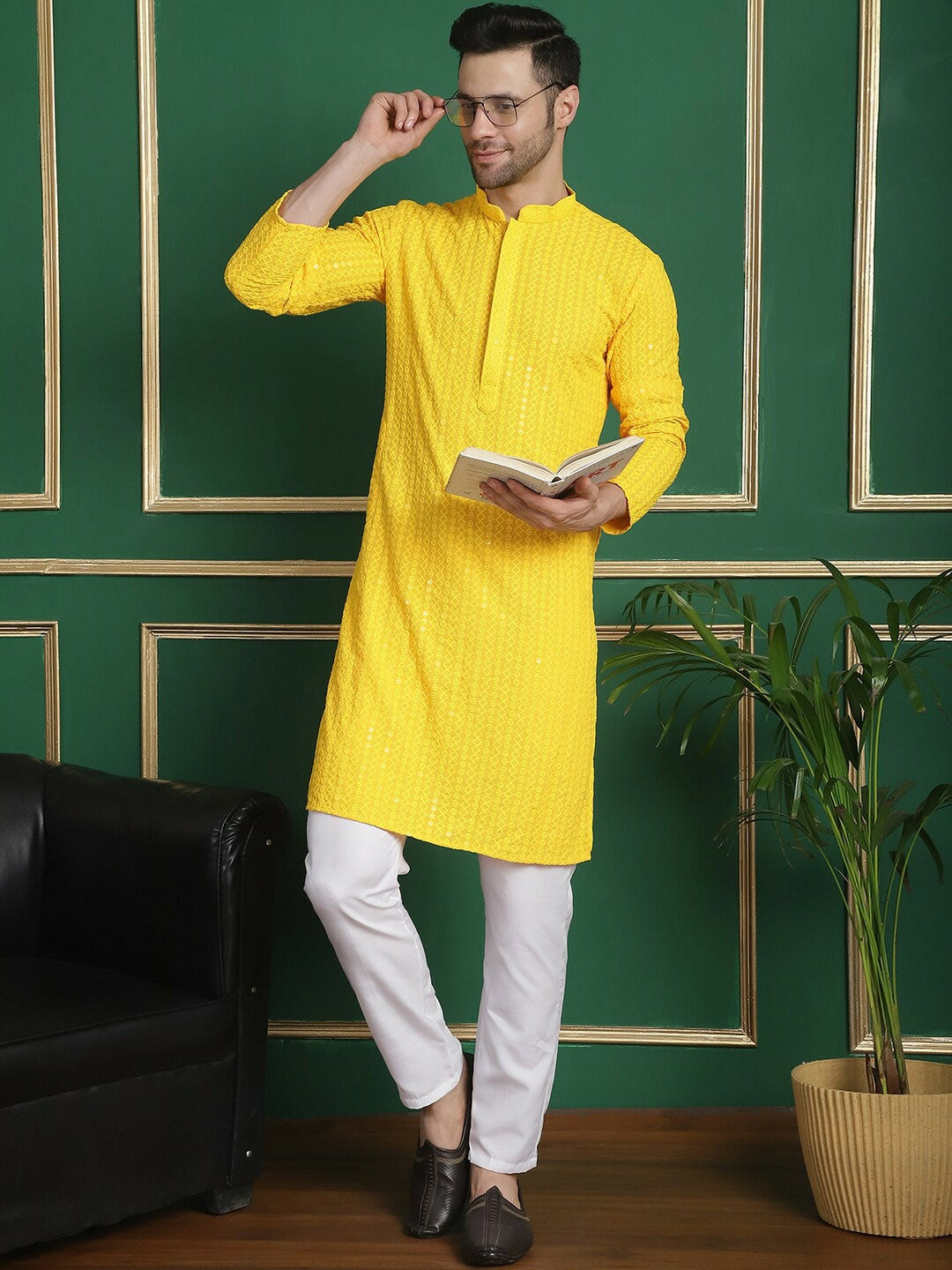 Buy Yellow Embroidered Kurta Set for Men - Regular Thread Work with Pyjamas | Indiaista