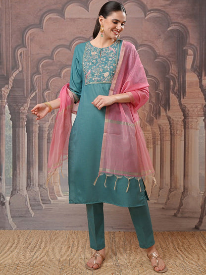 Turquoise Blue Floral Embroidered Kurta Set with Trousers & Dupatta - Elegant Women's Ethnic Wear | Indiaista