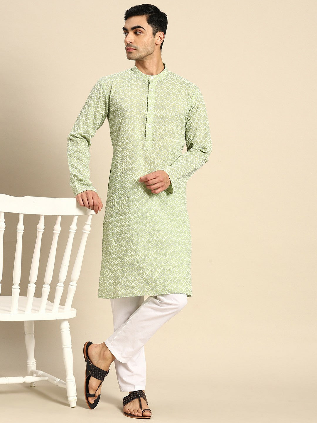 Buy Men’s Embroidered Chikankari Kurta with Pyjamas – Green Cotton Blend | Indiaista