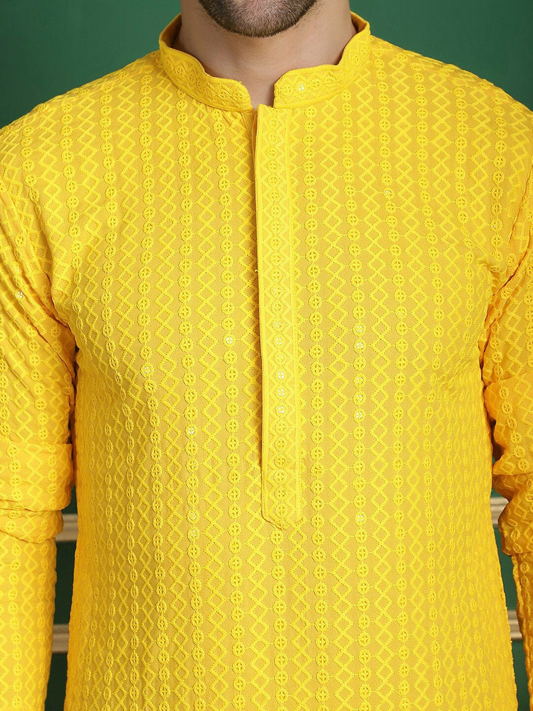 Buy Yellow Embroidered Kurta Set for Men - Regular Thread Work with Pyjamas | Indiaista