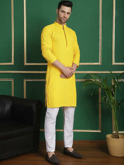 Buy Yellow Embroidered Kurta Set for Men - Regular Thread Work with Pyjamas | Indiaista