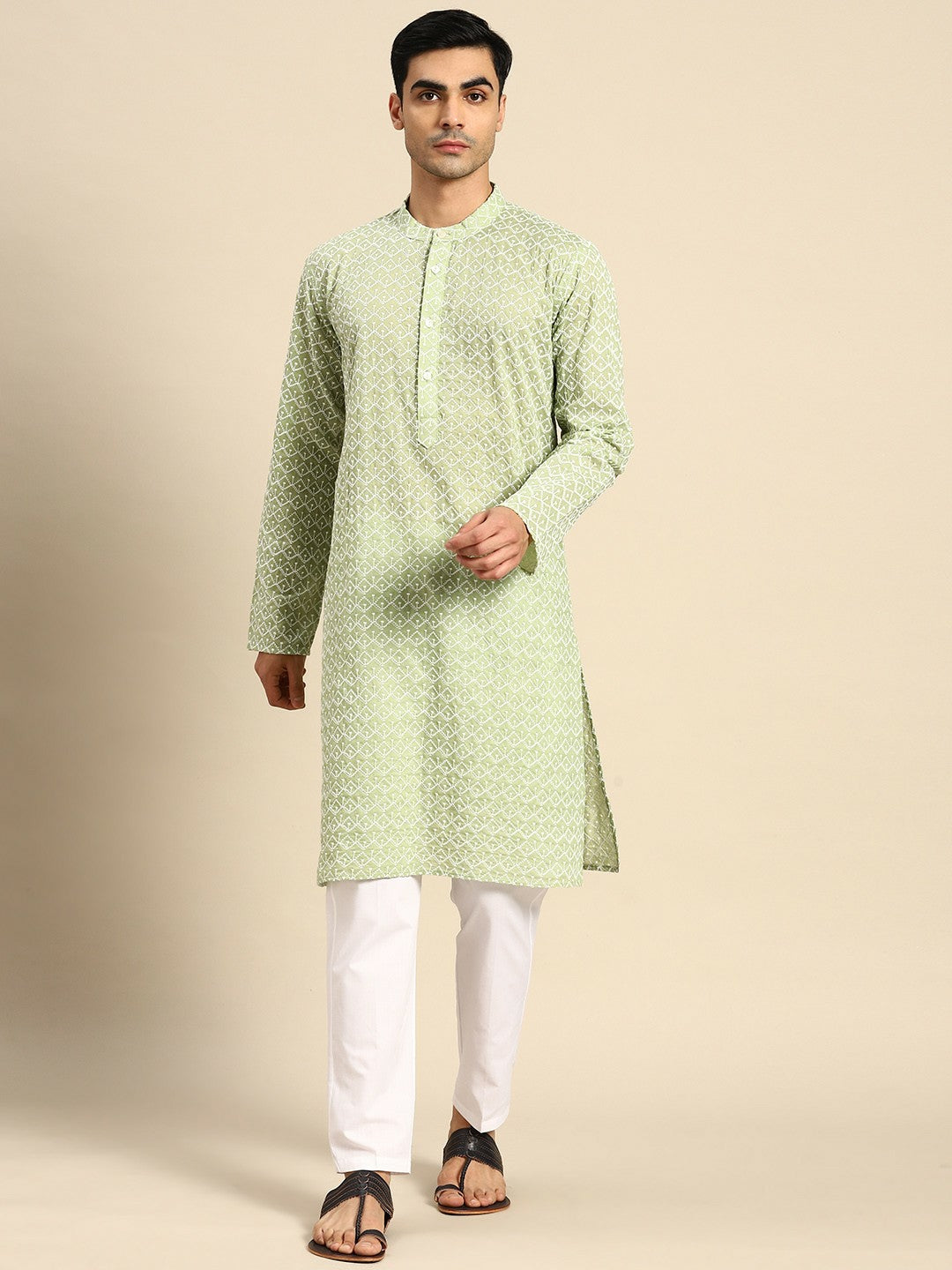 Buy Men’s Embroidered Chikankari Kurta with Pyjamas – Green Cotton Blend | Indiaista