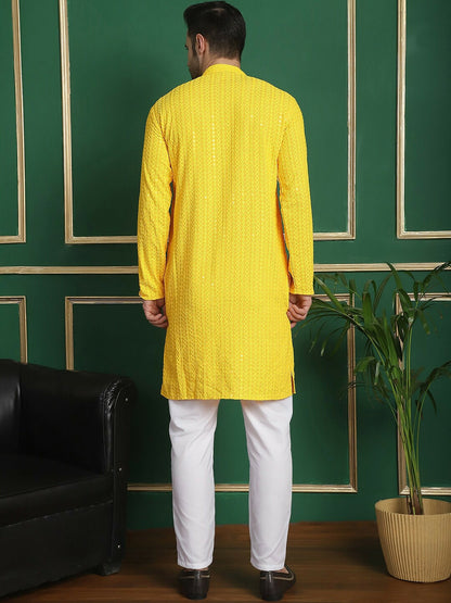 Buy Yellow Embroidered Kurta Set for Men - Regular Thread Work with Pyjamas | Indiaista