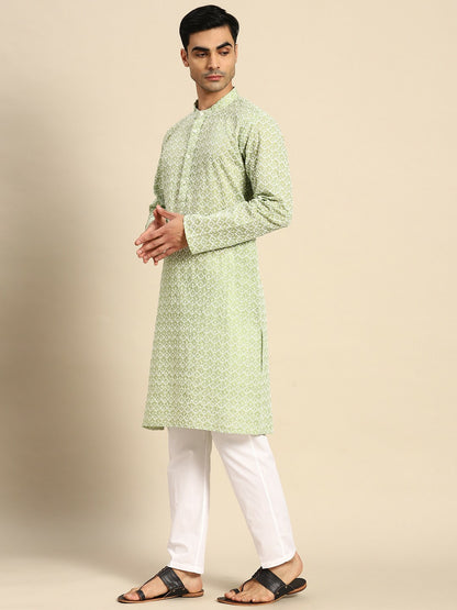 Buy Men’s Embroidered Chikankari Kurta with Pyjamas – Green Cotton Blend | Indiaista