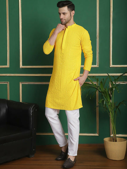 Buy Yellow Embroidered Kurta Set for Men - Regular Thread Work with Pyjamas | Indiaista