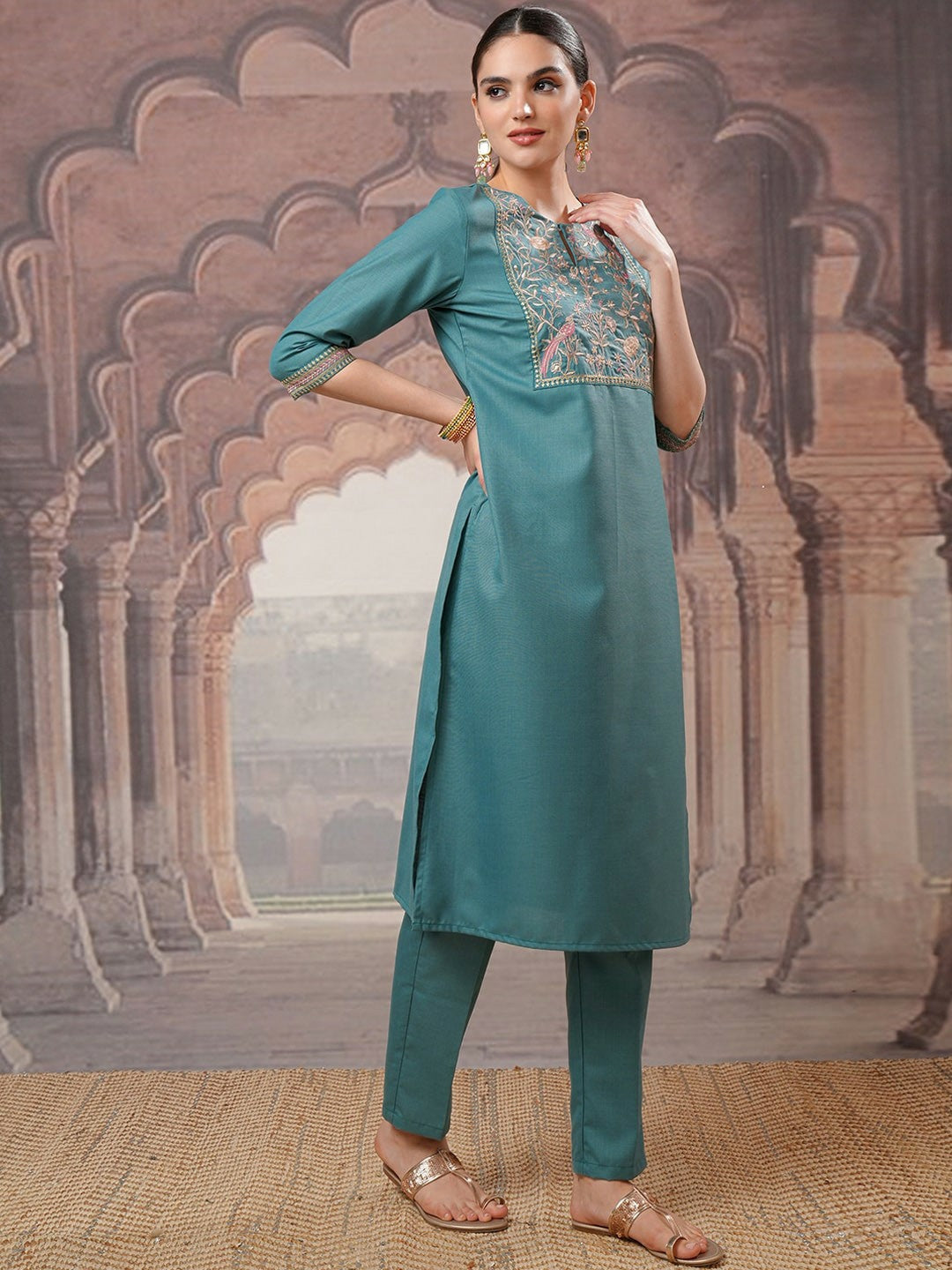 Turquoise Blue Floral Embroidered Kurta Set with Trousers & Dupatta - Elegant Women's Ethnic Wear | Indiaista