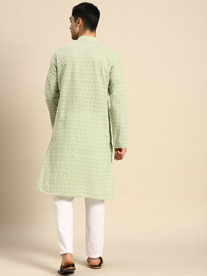 Buy Men’s Embroidered Chikankari Kurta with Pyjamas – Green Cotton Blend | Indiaista