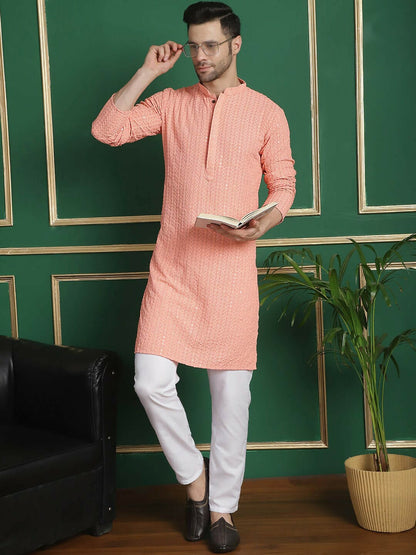 Peach Embroidered Kurta Set for Men with Pyjamas – Geometric Thread Work, Mandarin Collar, Viscose Rayon