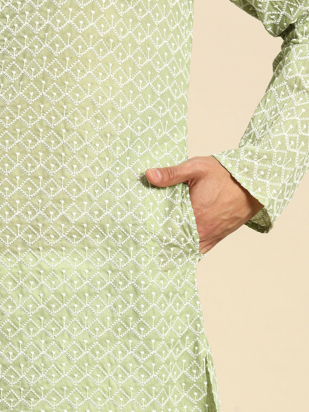 Buy Men’s Embroidered Chikankari Kurta with Pyjamas – Green Cotton Blend | Indiaista