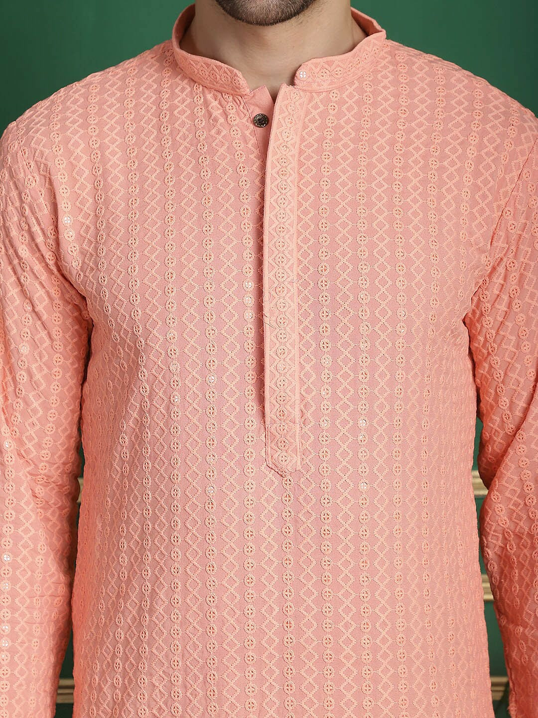 Peach Embroidered Kurta Set for Men with Pyjamas – Geometric Thread Work, Mandarin Collar, Viscose Rayon