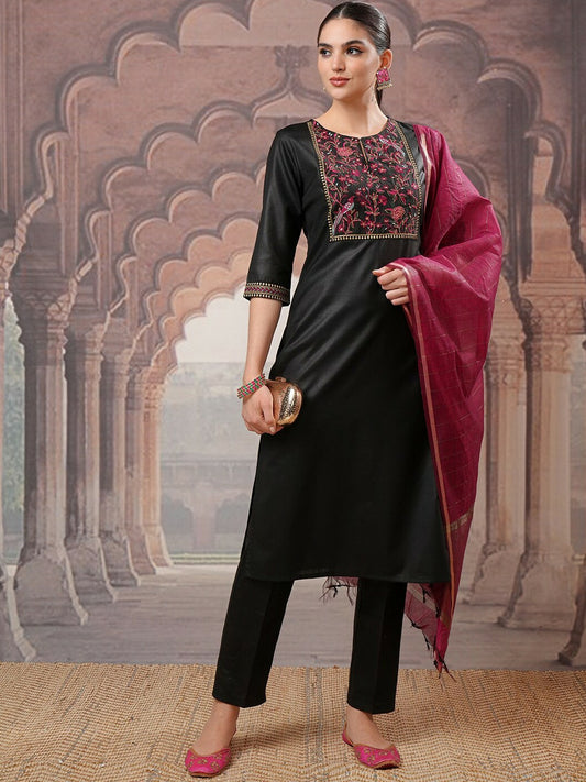 Black Yoke Design Floral Kurta with Trouser & Dupatta for Women - Stylish Ethnic Set | Indiaista