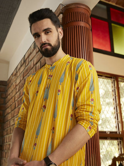 Buy Men’s Mustard Yellow & Off-White Printed Cotton Kurta Set with Trousers – Indiaista