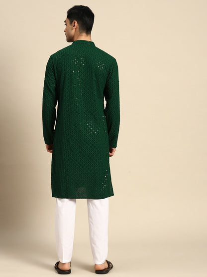 Men Floral Embroidered Sequinned Pure Cotton Kurta Set with Pyjamas – Green, Mandarin Collar