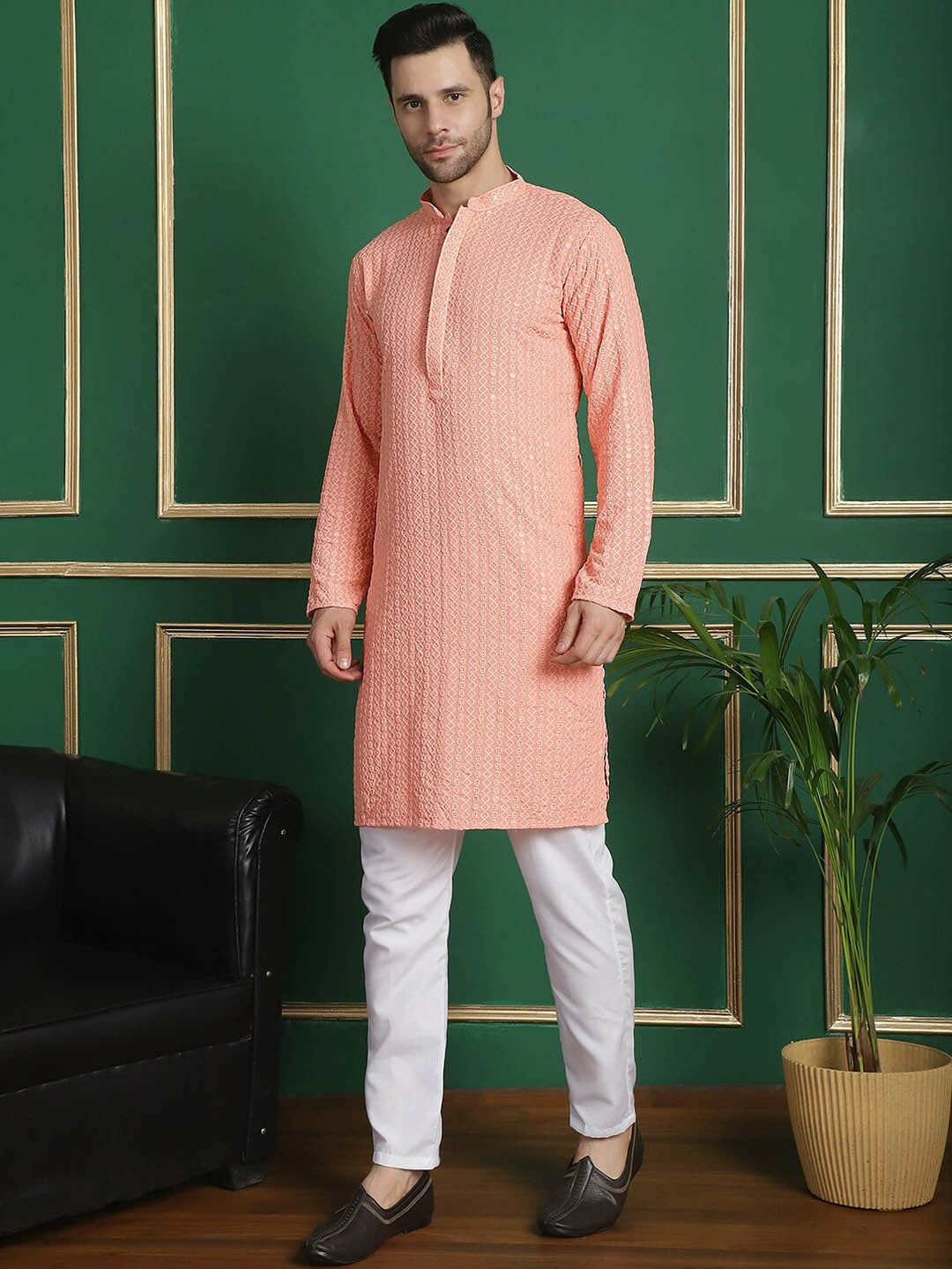 Peach Embroidered Kurta Set for Men with Pyjamas – Geometric Thread Work, Mandarin Collar, Viscose Rayon