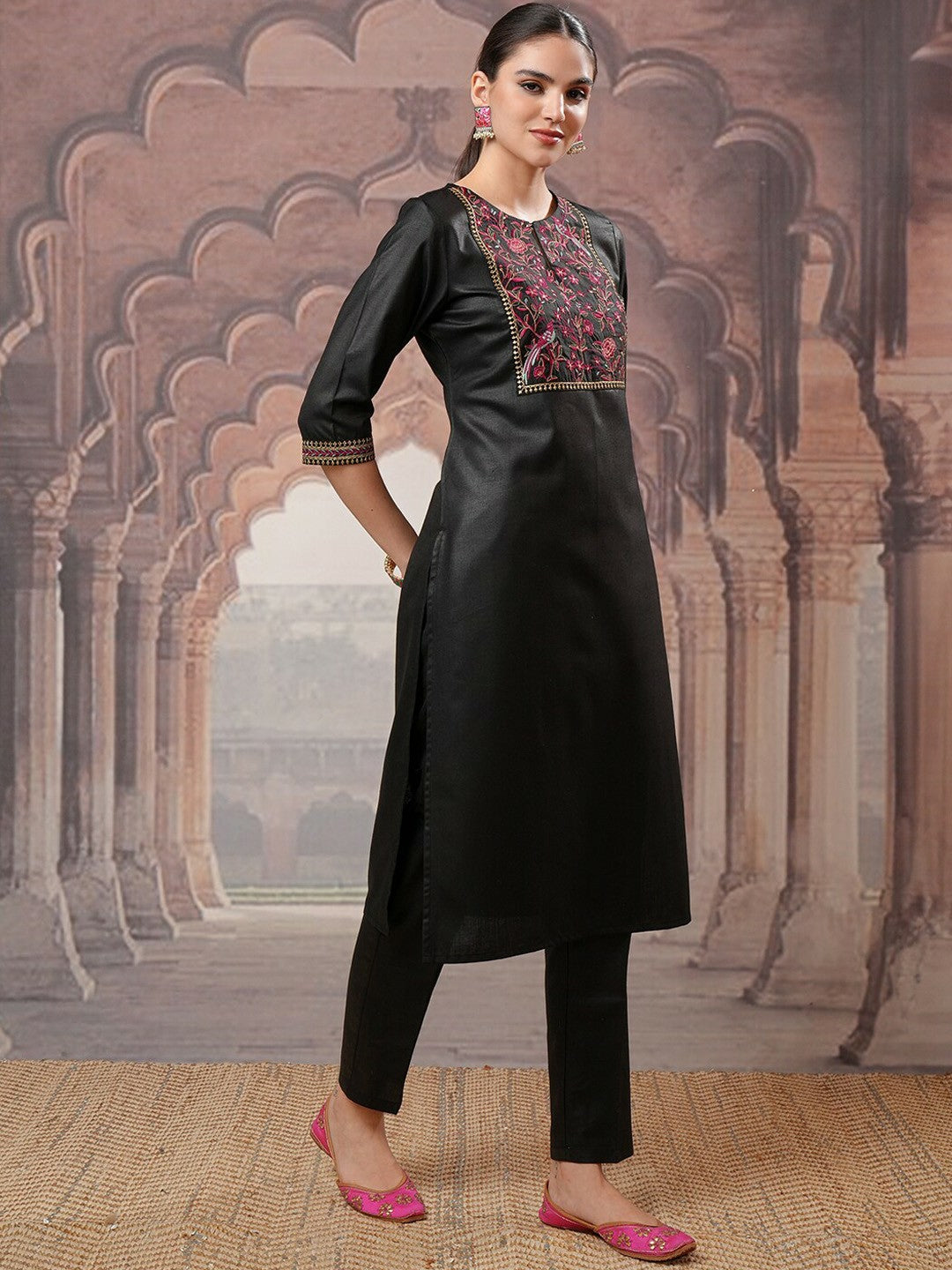 Black Yoke Design Floral Kurta with Trouser & Dupatta for Women - Stylish Ethnic Set | Indiaista