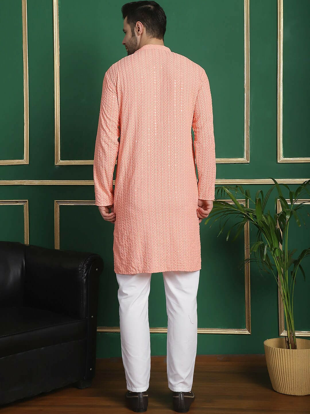 Peach Embroidered Kurta Set for Men with Pyjamas – Geometric Thread Work, Mandarin Collar, Viscose Rayon