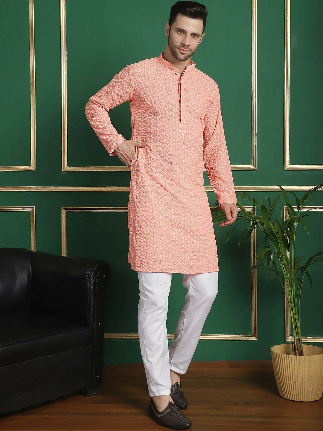 Peach Embroidered Kurta Set for Men with Pyjamas – Geometric Thread Work, Mandarin Collar, Viscose Rayon