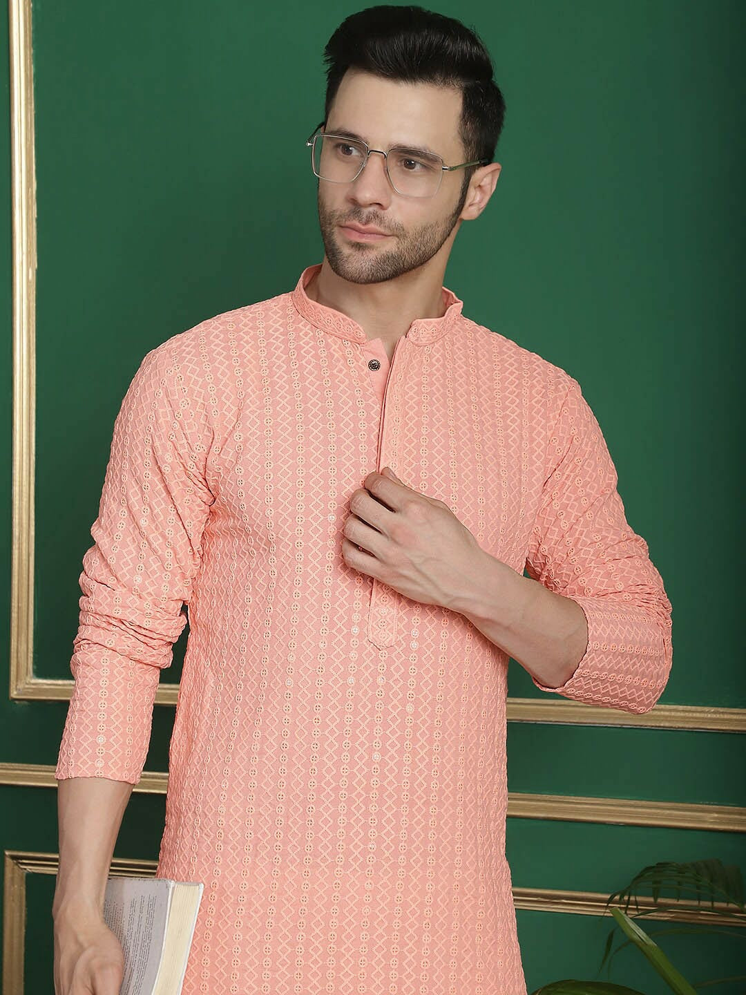 Peach Embroidered Kurta Set for Men with Pyjamas – Geometric Thread Work, Mandarin Collar, Viscose Rayon