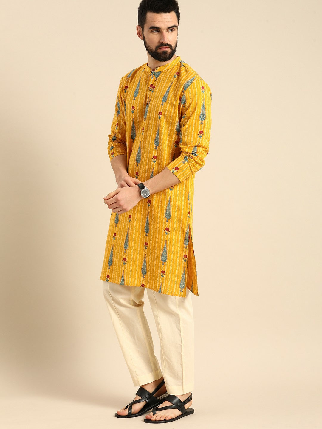 Buy Men’s Mustard Yellow & Off-White Printed Cotton Kurta Set with Trousers – Indiaista