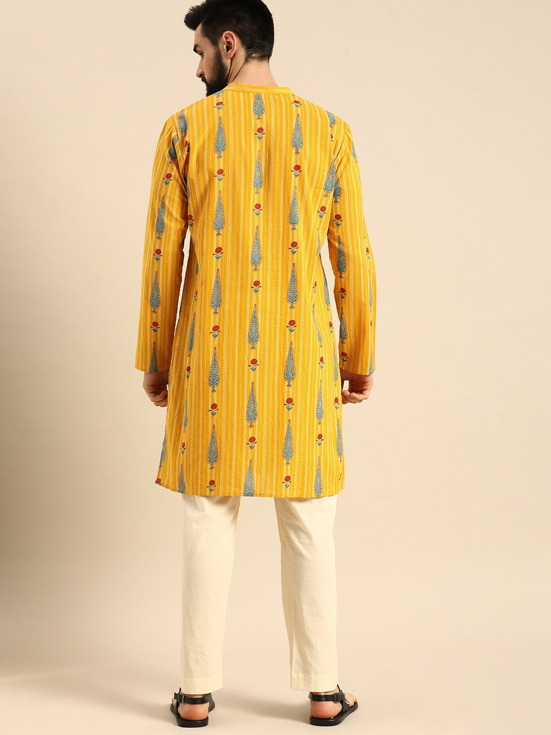 Buy Men’s Mustard Yellow & Off-White Printed Cotton Kurta Set with Trousers – Indiaista