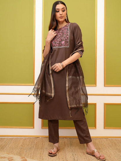 Brown Embroidered Kurta Set for Women with Trousers & Dupatta | Ethnic Motif Design | Indiaista