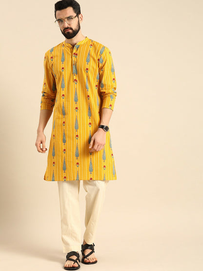 Buy Men’s Mustard Yellow & Off-White Printed Cotton Kurta Set with Trousers – Indiaista