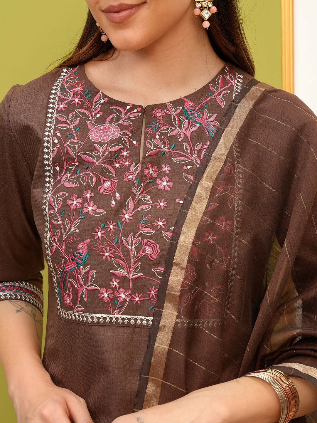 Brown Embroidered Kurta Set for Women with Trousers & Dupatta | Ethnic Motif Design | Indiaista