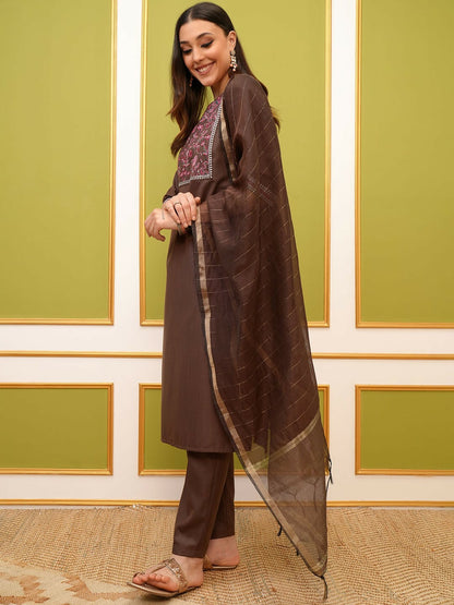 Brown Embroidered Kurta Set for Women with Trousers & Dupatta | Ethnic Motif Design | Indiaista