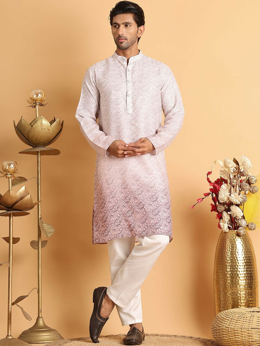 Men's Paisley Printed Regular Kurta with Pink Solid Pyjamas - Elasticated Waistband & Drawstring Closure