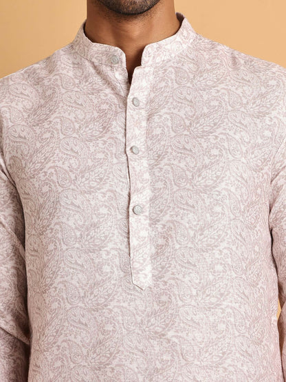 Men's Paisley Printed Regular Kurta with Pink Solid Pyjamas - Elasticated Waistband & Drawstring Closure