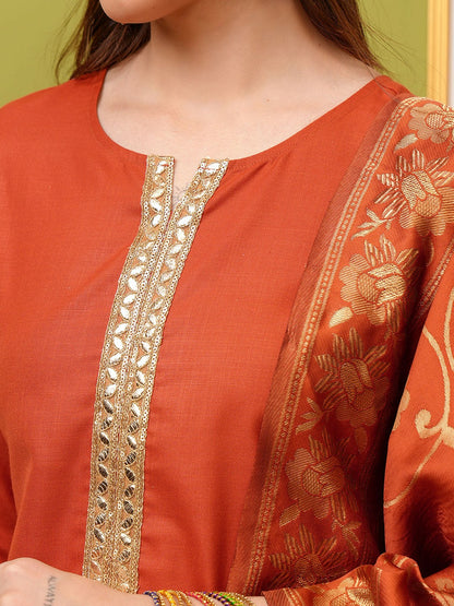 Rust Orange Floral Yoke Design Kurta Set with Trousers & Dupatta - Stylish Women's Ethnic Wear | Indiaista