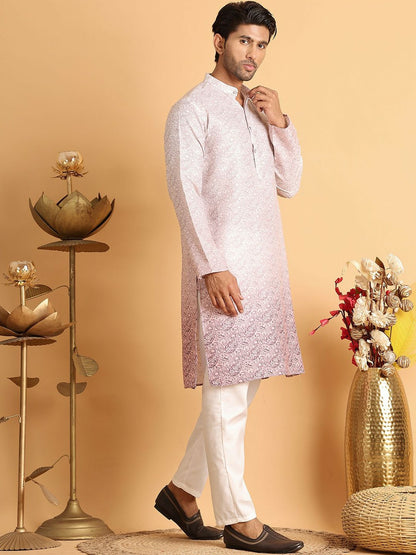 Men's Paisley Printed Regular Kurta with Pink Solid Pyjamas - Elasticated Waistband & Drawstring Closure