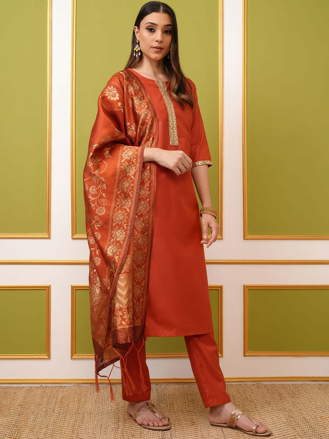 Rust Orange Floral Yoke Design Kurta Set with Trousers & Dupatta - Stylish Women's Ethnic Wear | Indiaista