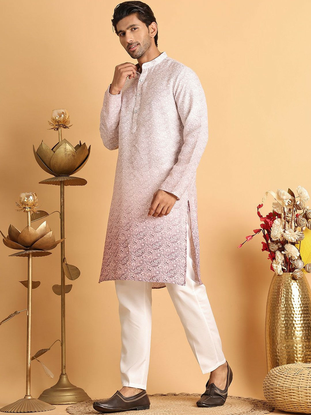 Men's Paisley Printed Regular Kurta with Pink Solid Pyjamas - Elasticated Waistband & Drawstring Closure