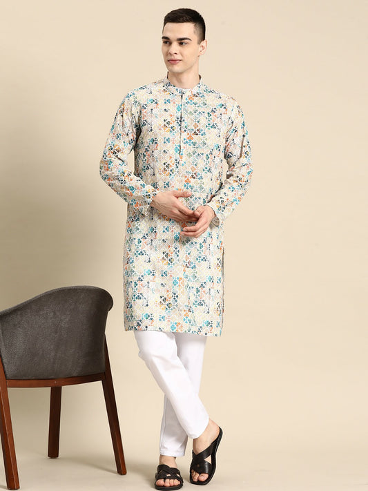 Buy Off-White Embroidered Pure Cotton Kurta Set for Men – Indiaista