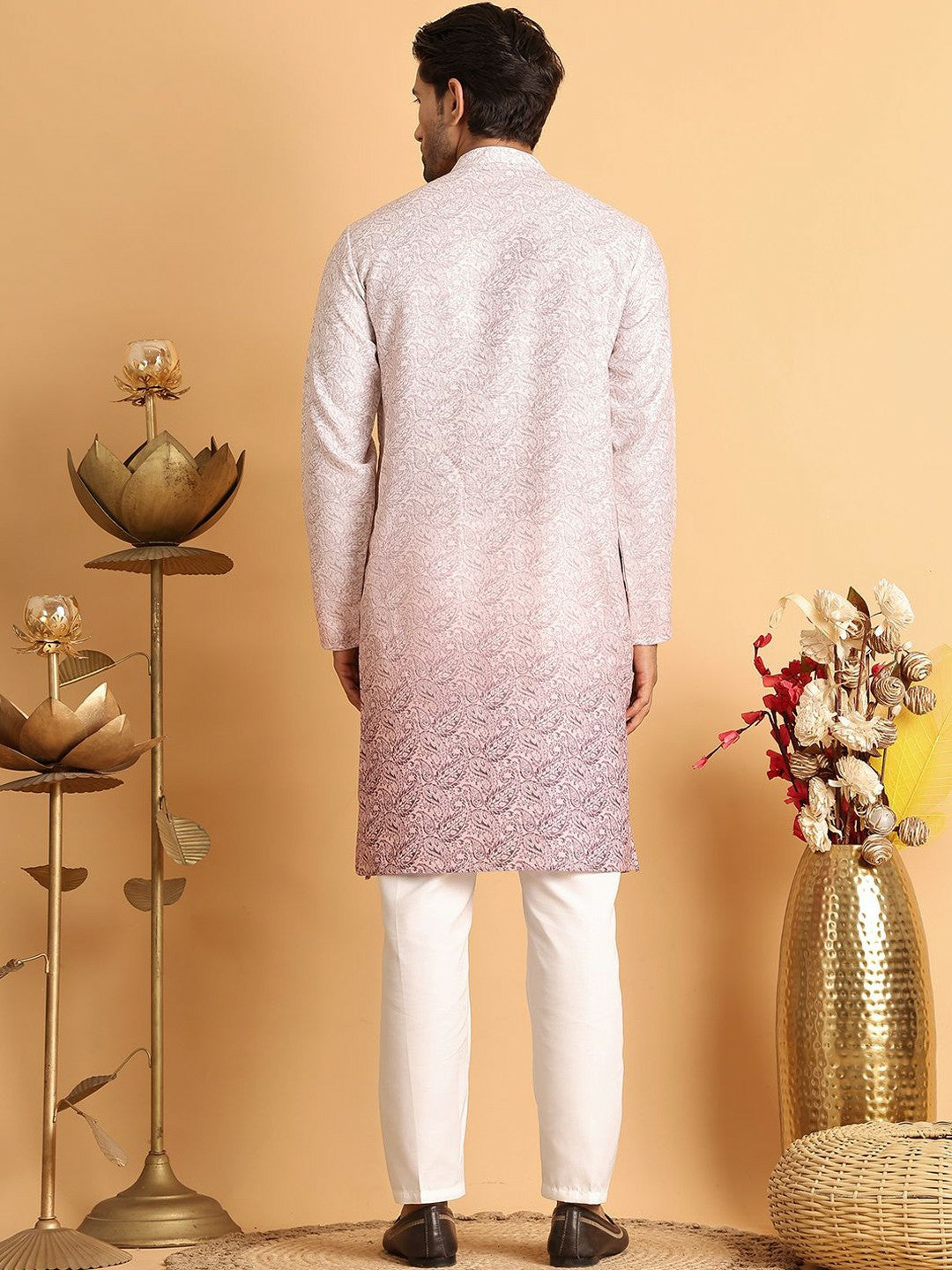 Men's Paisley Printed Regular Kurta with Pink Solid Pyjamas - Elasticated Waistband & Drawstring Closure