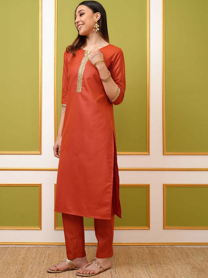 Rust Orange Floral Yoke Design Kurta Set with Trousers & Dupatta - Stylish Women's Ethnic Wear | Indiaista