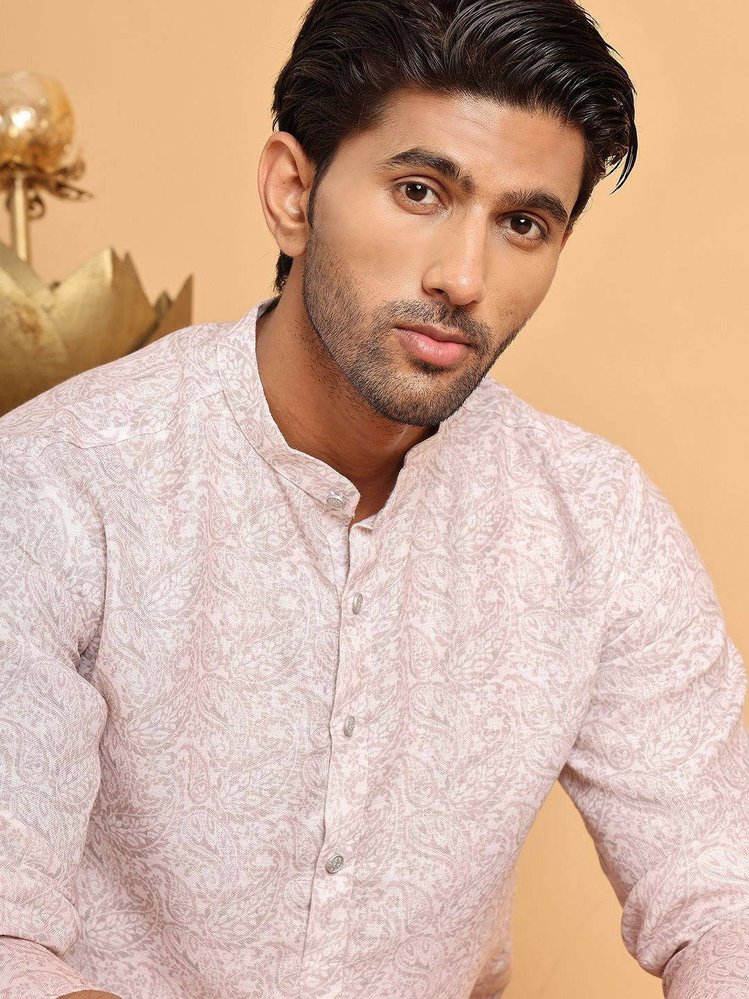 Men's Paisley Printed Regular Kurta with Pink Solid Pyjamas - Elasticated Waistband & Drawstring Closure