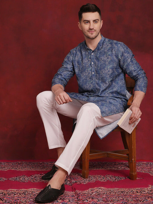 Floral Printed Sequinned Cotton Kurta with Blue Pyjamas for Men - Regular Fit