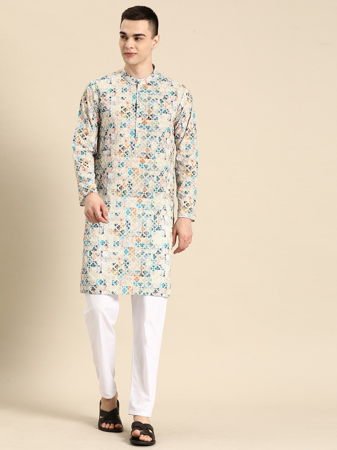 Buy Off-White Embroidered Pure Cotton Kurta Set for Men – Indiaista